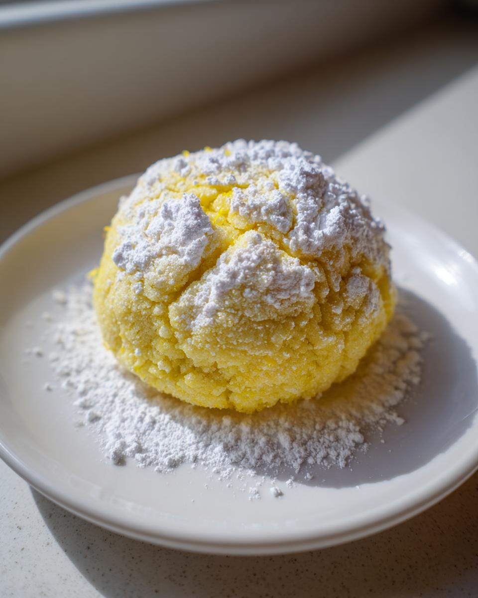 A single, bright yellow Lemon Cake Mix Cookies dusted heavily with powdered sugar, resting on a white plate.