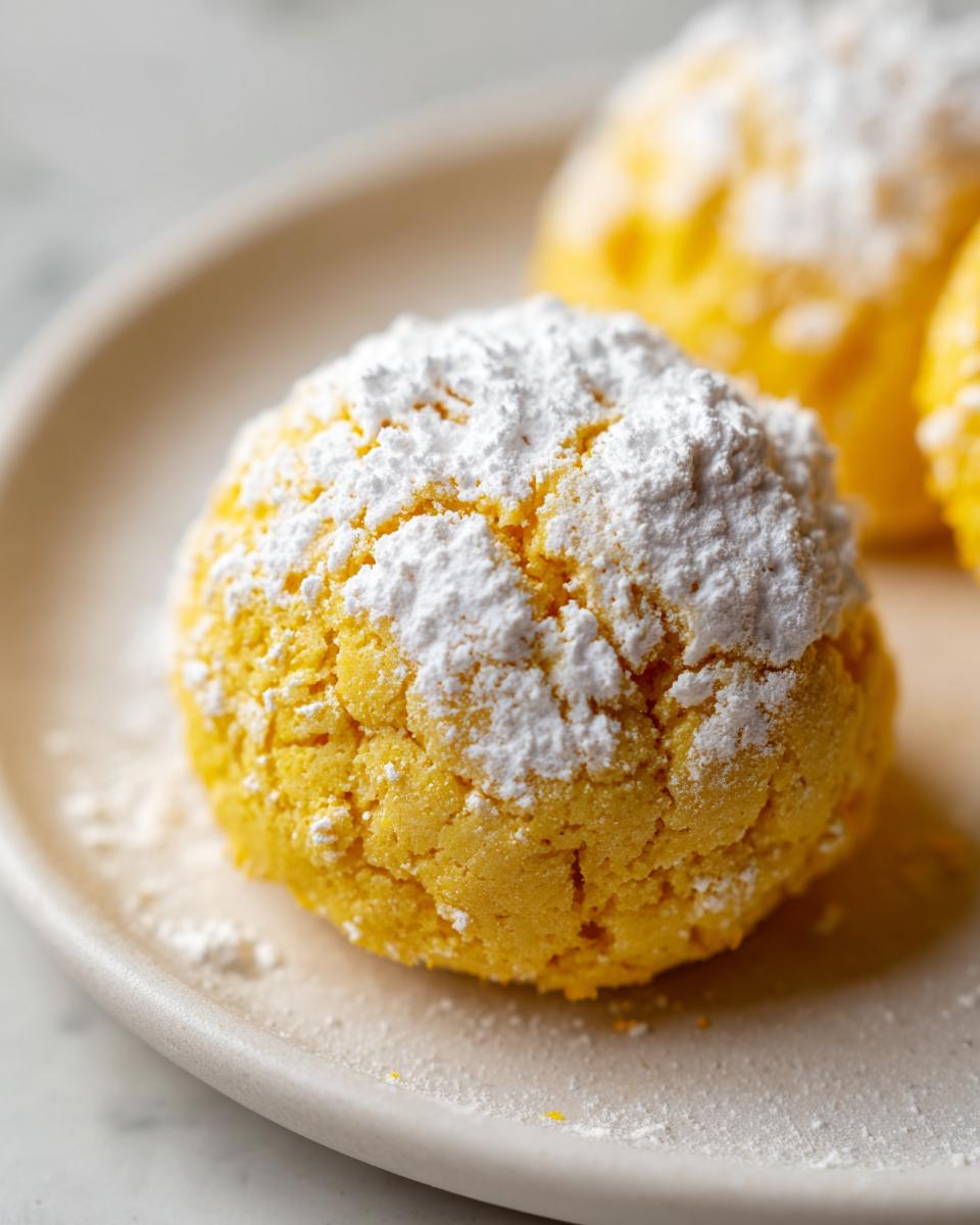 Close-up of a bright yellow Lemon Cake Mix Cookie heavily dusted with powdered sugar, resting on a light plate.
