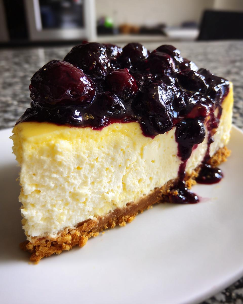 A close-up of a rich slice of Lemon Cheesecake Blueberry Compote on a white plate.