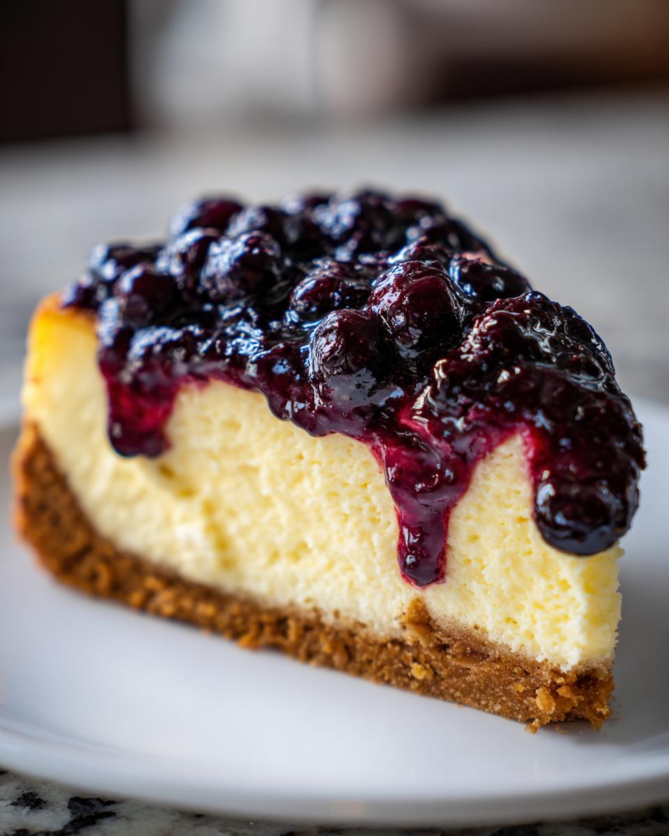 A close-up of a rich slice of lemon cheesecake topped generously with glossy blueberry compote.