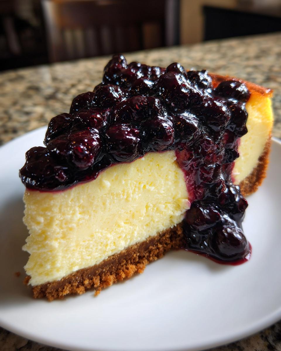 A rich slice of lemon cheesecake topped generously with dark blueberry compote.