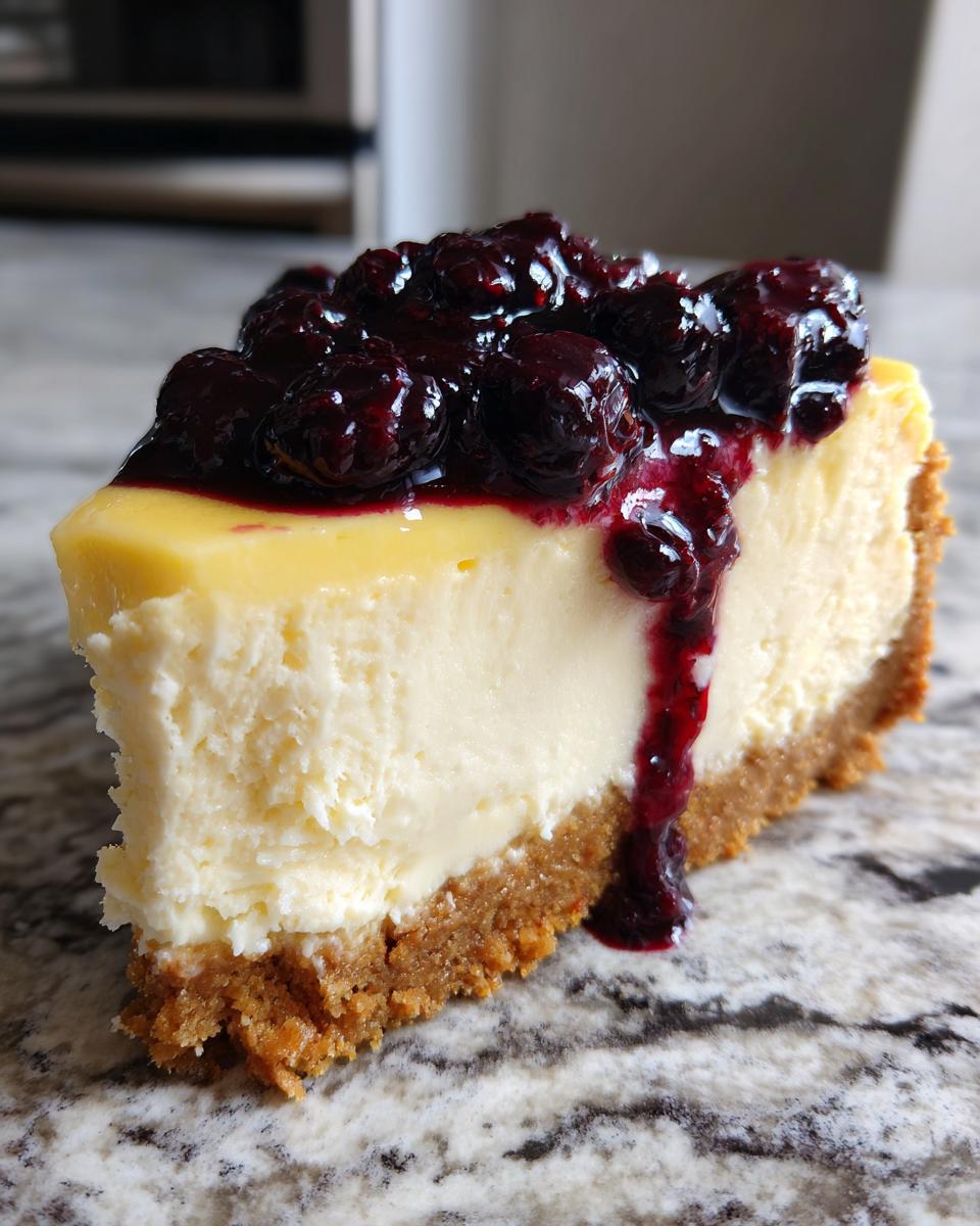 A perfect slice of creamy Lemon Cheesecake Blueberry Compote with rich blueberry topping dripping down the side.