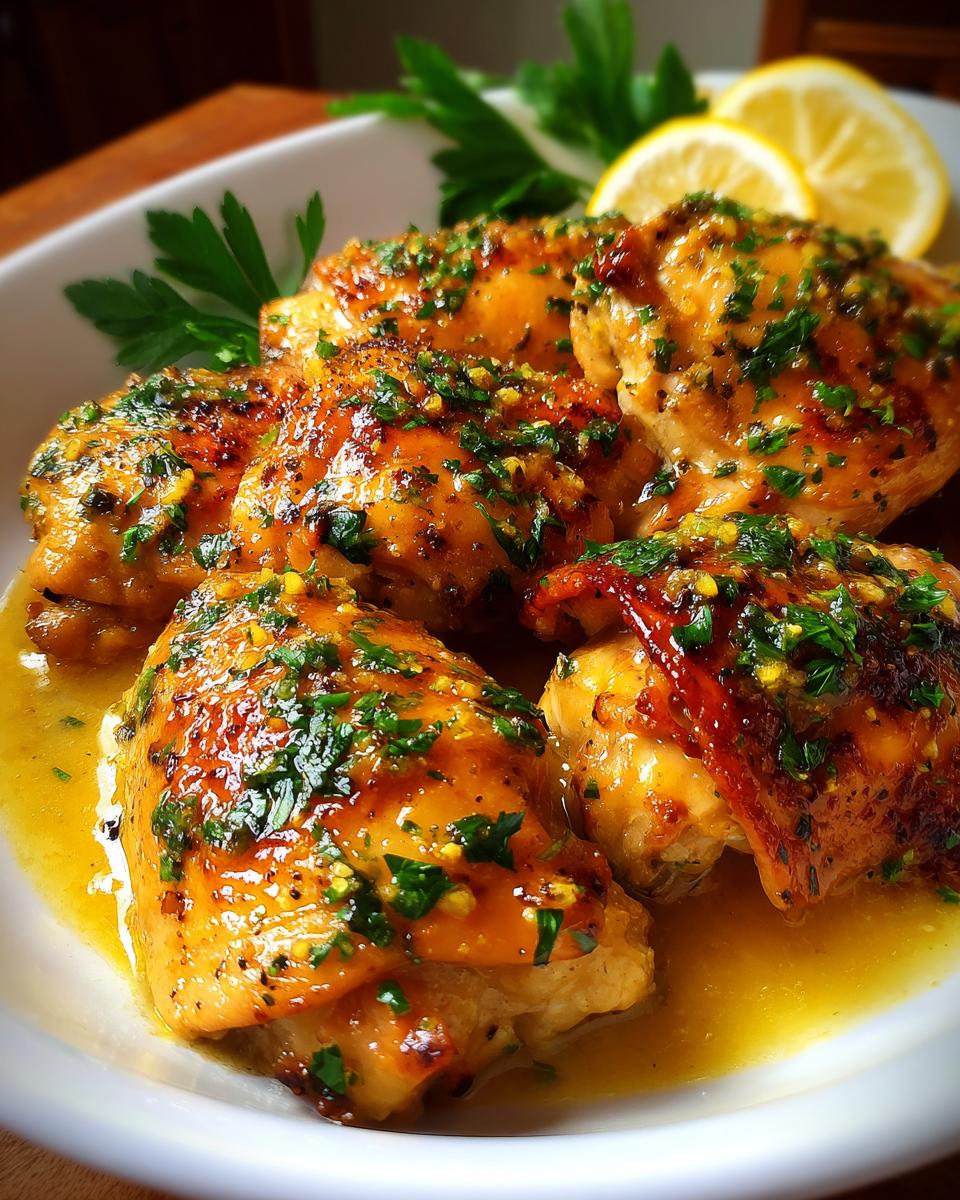 A close-up of tender Lemon Chicken pieces coated in a glistening Lemon Butter Sauce and garnished with fresh parsley and lemon slices.