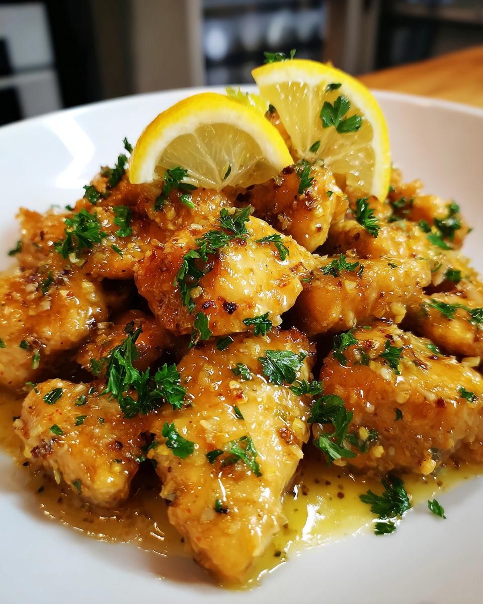 Close-up of tender Lemon Chicken With Lemon Butter Sauce, garnished with fresh parsley and lemon slices.