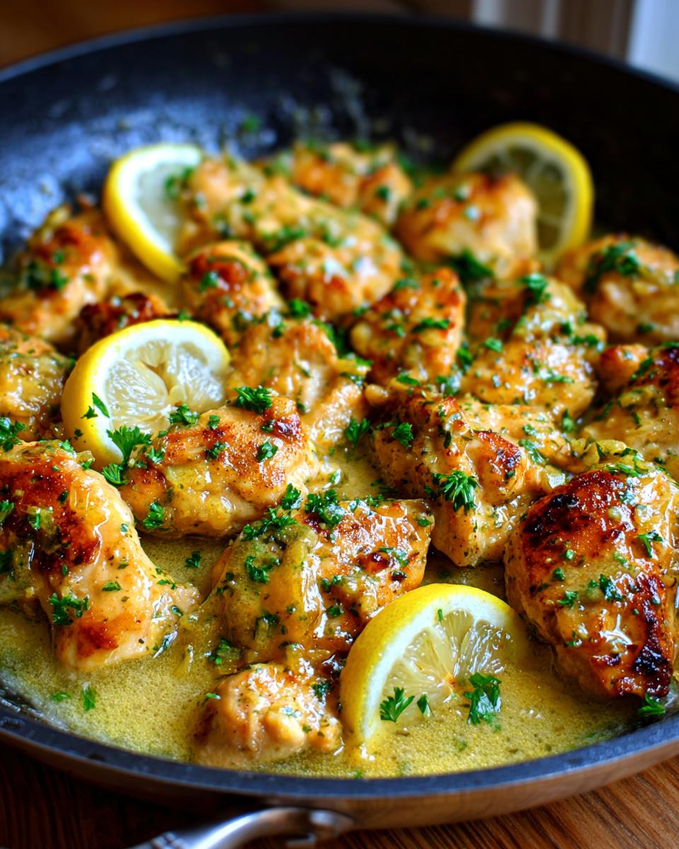 Close-up of pan-seared Lemon Chicken With Lemon Butter Sauce, garnished with lemon slices and parsley.