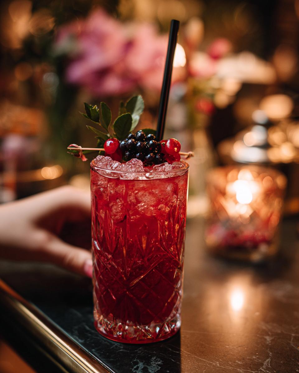 A vibrant red berry cocktail garnished with fresh berries and mint, perfect for Lunar New Year celebrations.