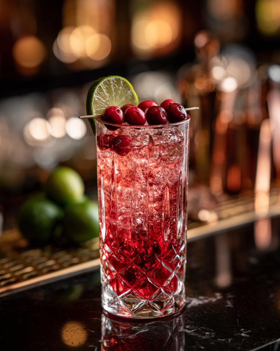 A tall glass filled with a vibrant red Lunar New Year cocktail, garnished with fresh cherries and a lime wedge.