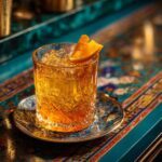 A refreshing Lunar New Year cocktail, golden in color, served over ice with an orange slice garnish in a decorative glass.