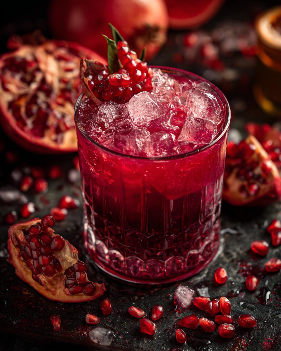 A vibrant red pomegranate cocktail garnished with pomegranate seeds and ice, perfect for Lunar New Year.