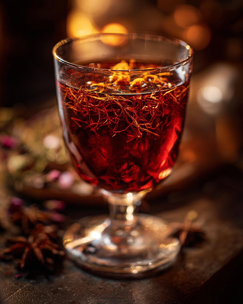 A close-up of a deep red Lunar New Year cocktail infused with saffron threads and garnished with dried citrus.