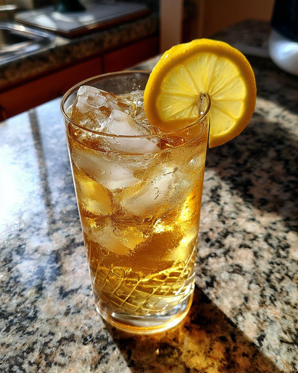 A tall glass filled with ice and Lynchburg Lemonade Cocktail, garnished with a lemon slice.