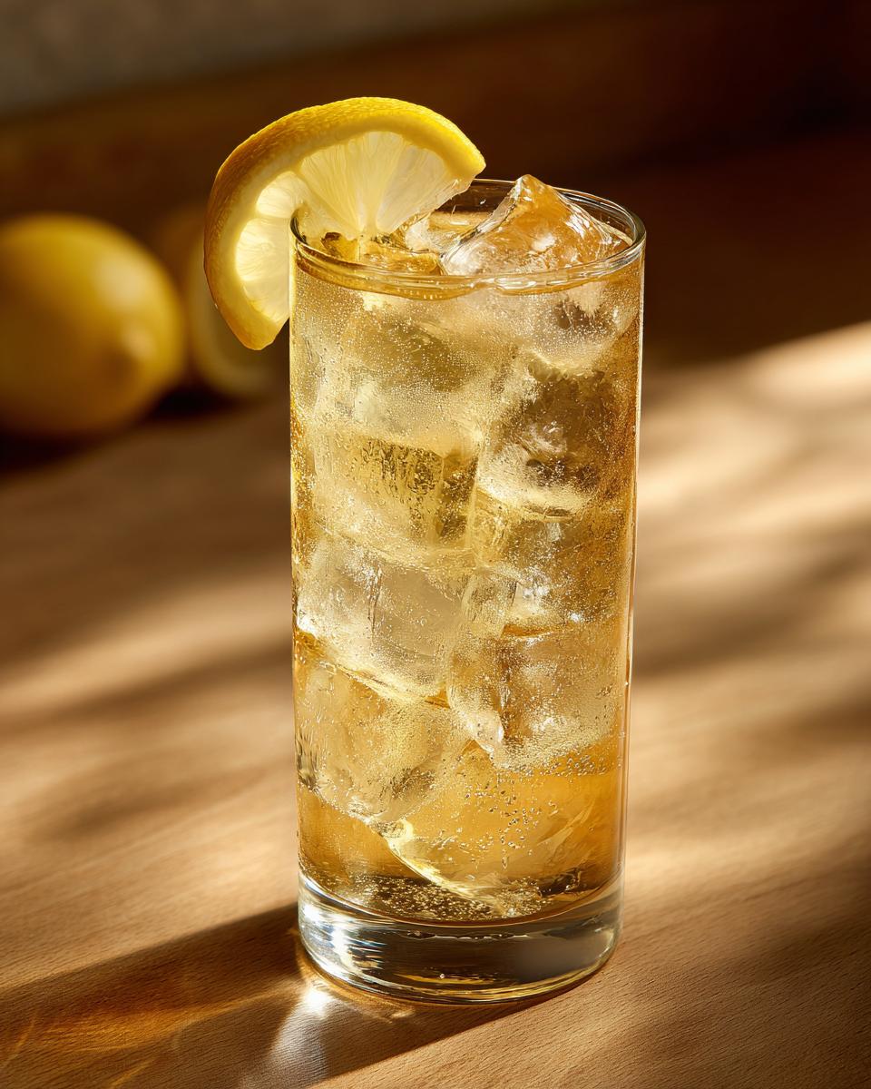 A tall glass filled with ice and a golden Lynchburg Lemonade Cocktail, garnished with a lemon slice.