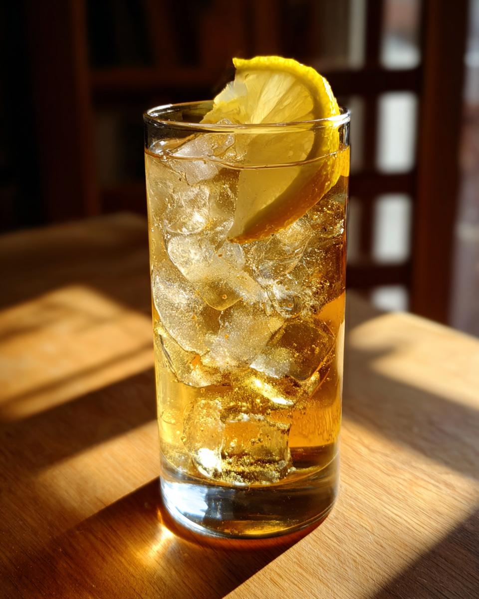 A tall glass filled with ice and a golden Lynchburg Lemonade cocktail, garnished with a lemon slice.
