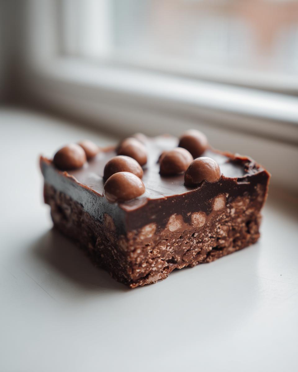 A single square of rich, no-bake Malteser Slice with a chocolate topping and whole Maltesers.