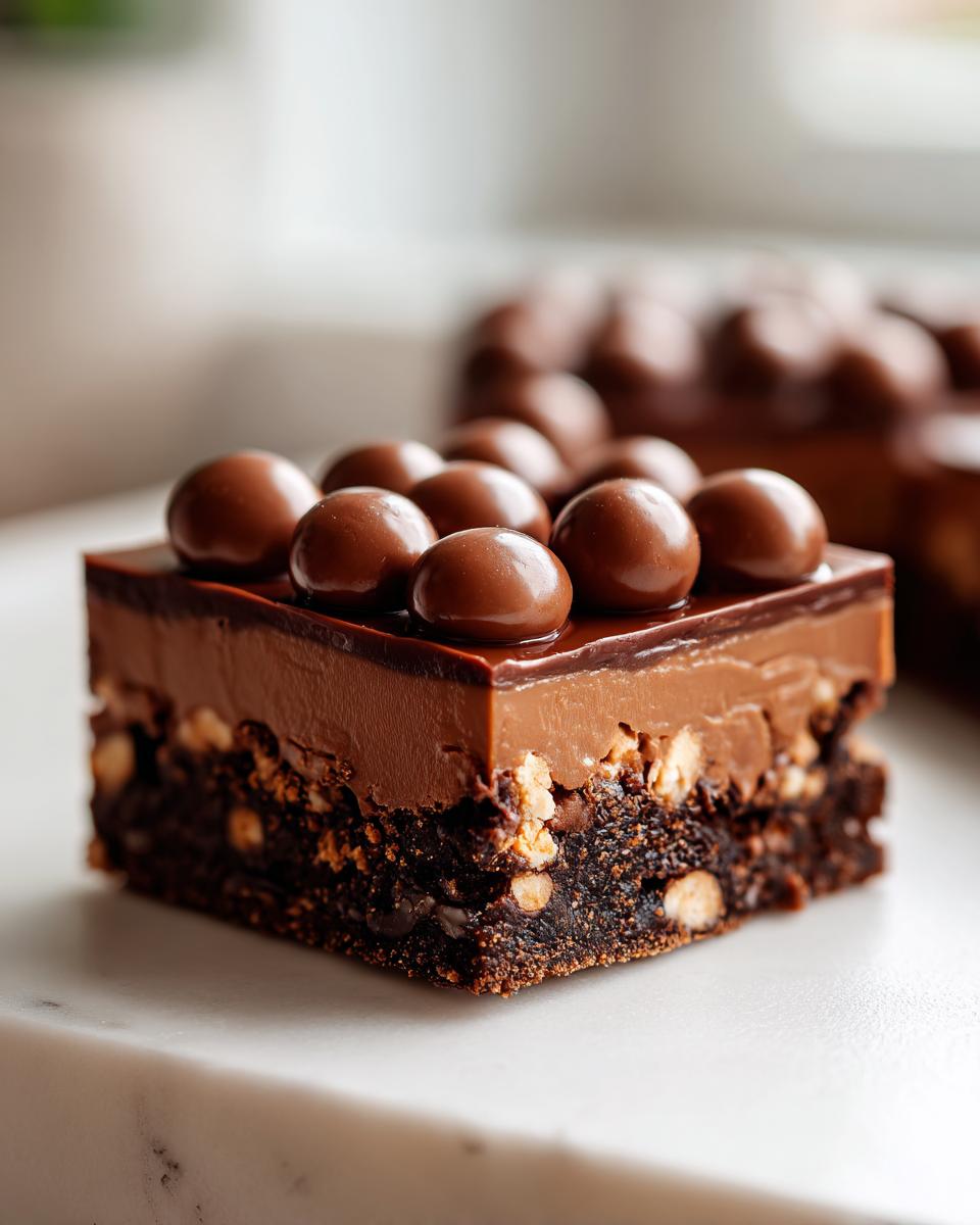A decadent square of Malteser Slice showing a dark, crunchy base, a thick chocolate layer, and topped with whole chocolate Maltesers.