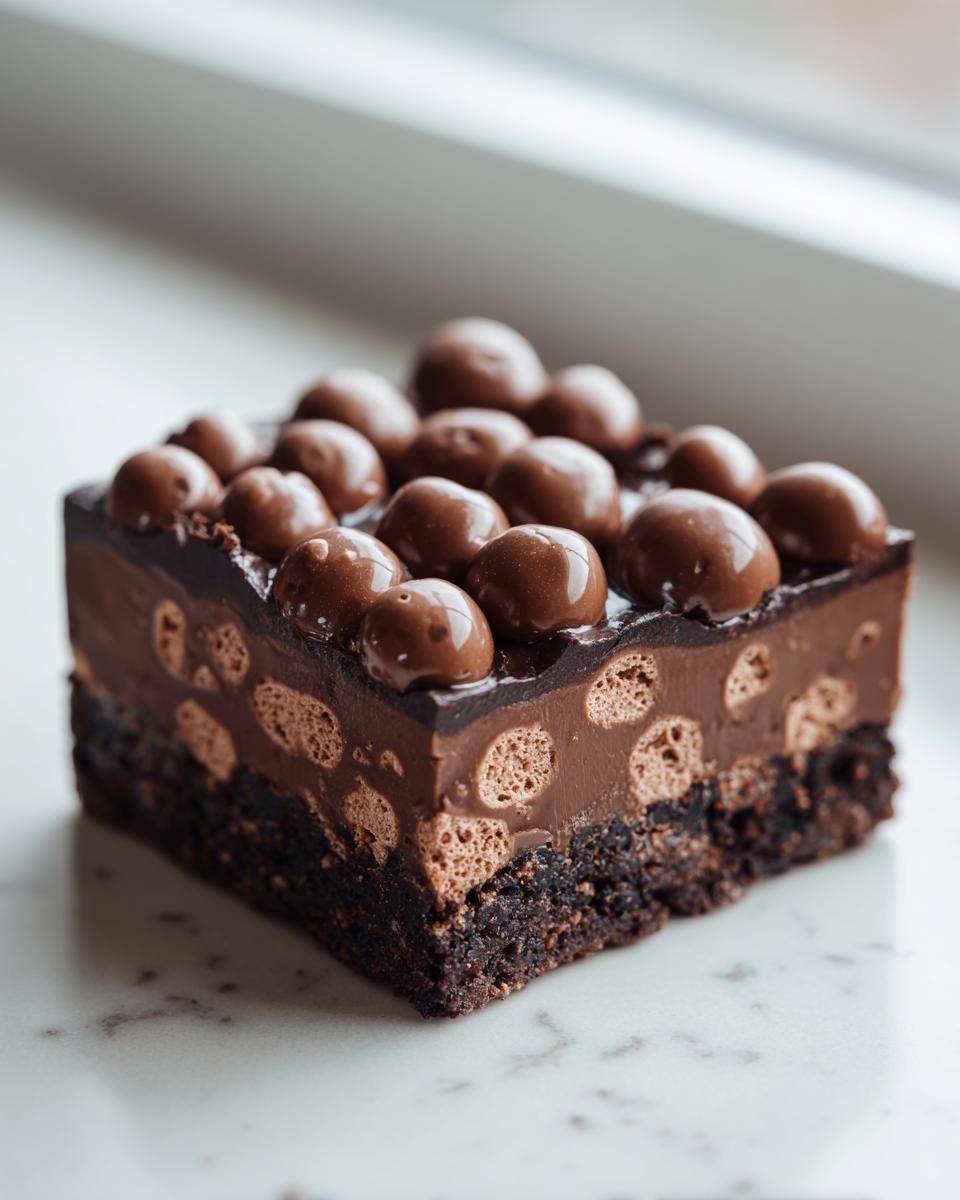 A decadent square of Malteser Slice showing a dark biscuit base, a chocolate layer with embedded malted balls, topped with whole chocolate Maltesers.