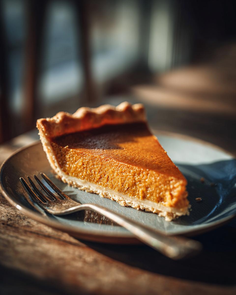 A perfect slice of Maple Vegan Pumpkin Pie sits on a blue plate with a fork, ready to be enjoyed.