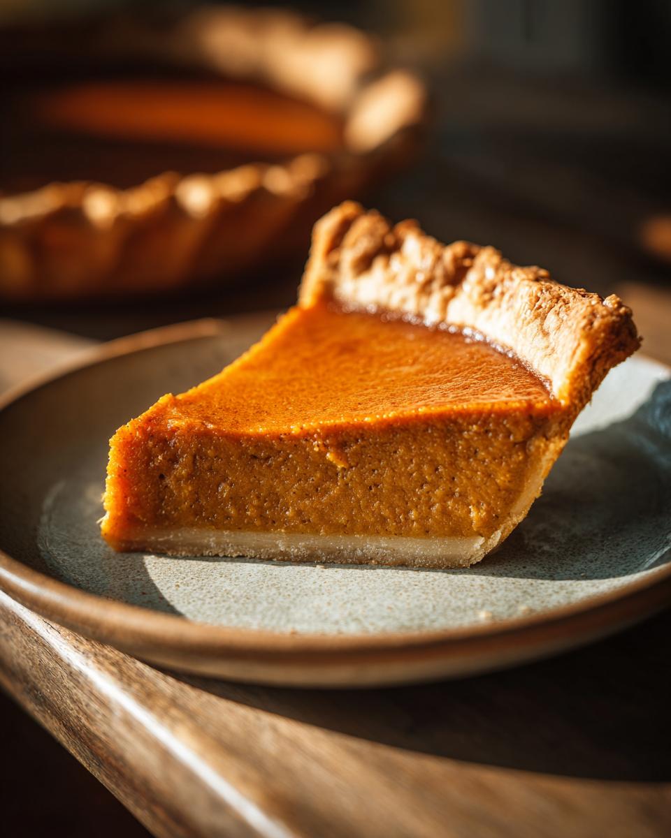 A perfect slice of Maple Vegan Pumpkin Pie on a plate, with a golden crust and smooth filling.
