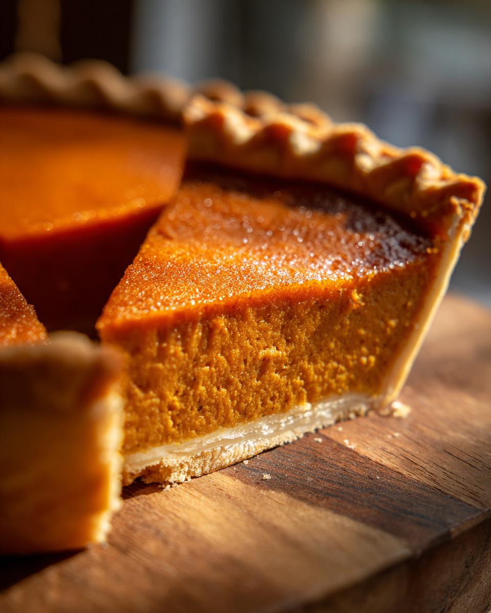 A close-up of a slice of Maple Vegan Pumpkin Pie on a wooden board, showing the rich orange filling and flaky crust.