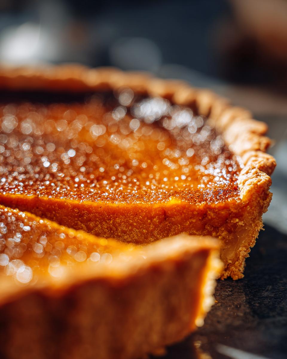 Close-up of a slice of Maple Vegan Pumpkin Pie, showing the flaky crust and smooth filling.