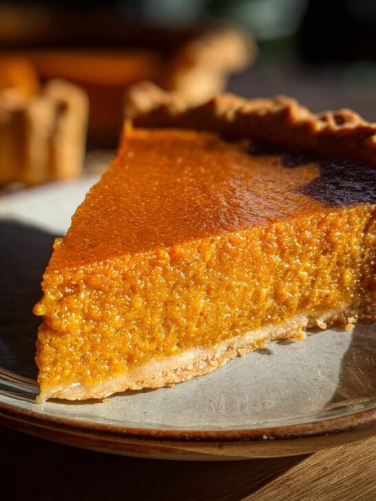A close-up shot of a slice of Maple Vegan Pumpkin Pie on a rustic plate, showcasing its smooth texture and golden crust.