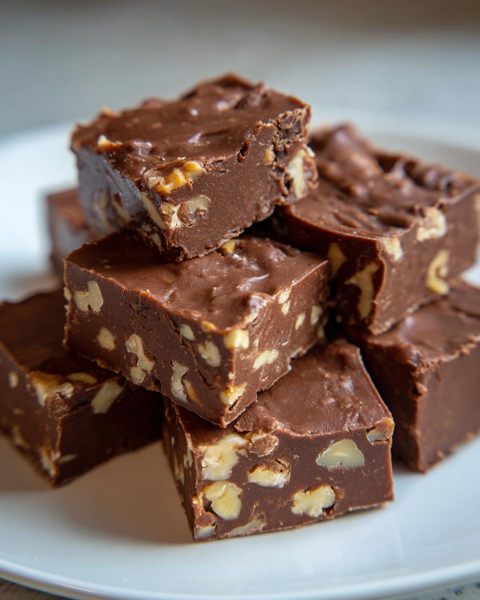 A close-up stack of rich, dark chocolate Maple Walnut Fudge squares loaded with visible walnut pieces.