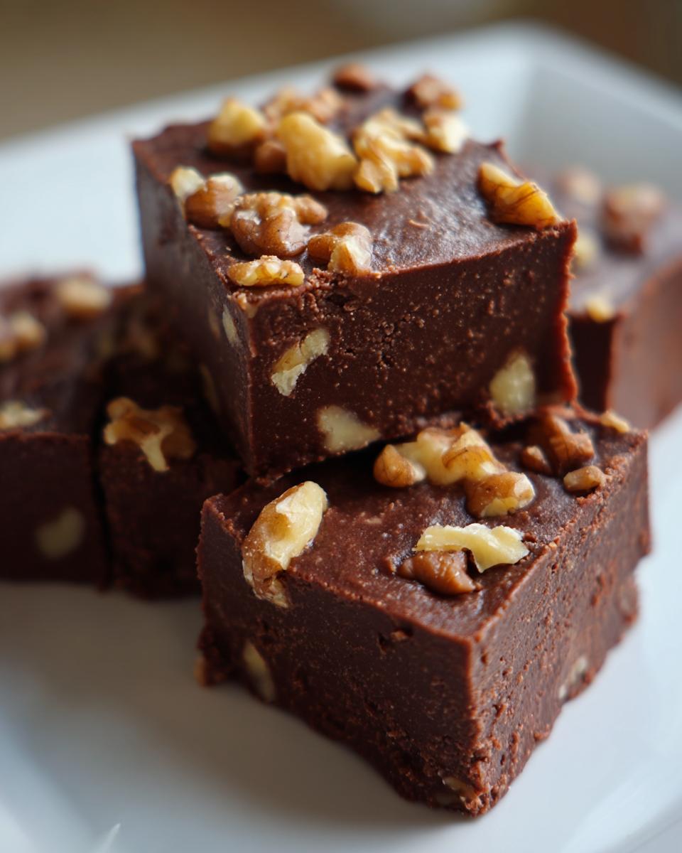 A stack of rich, dark chocolate Maple Walnut Fudge squares generously studded with visible walnut pieces.
