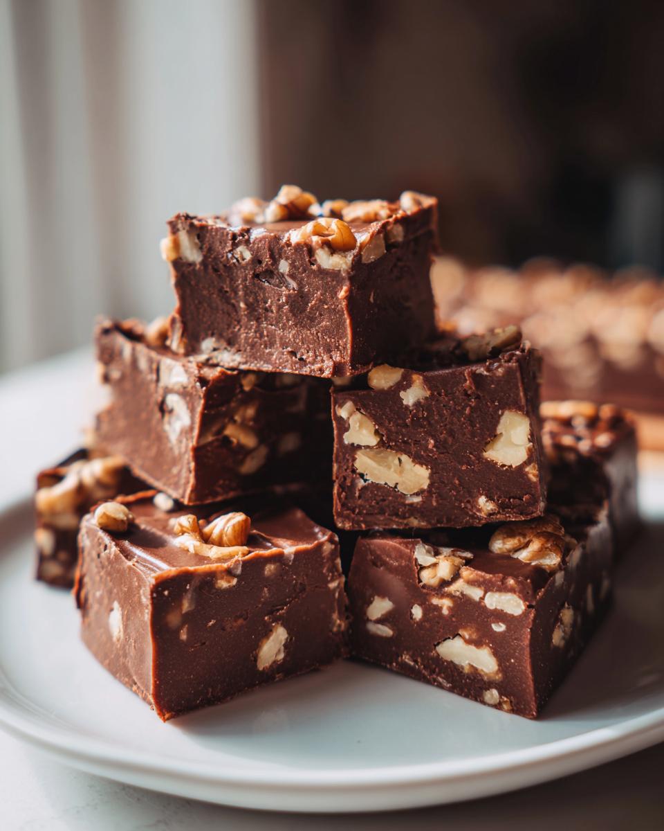 A stack of rich, dark chocolate Maple Walnut Fudge squares generously studded with visible walnut pieces.