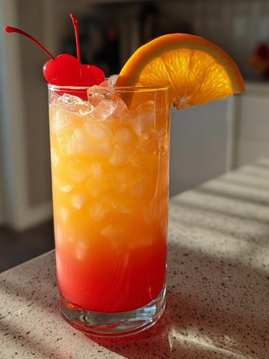 A colorful Mardi Gras cocktail with layered red and orange liquids, filled with ice, garnished with a cherry and orange slice.