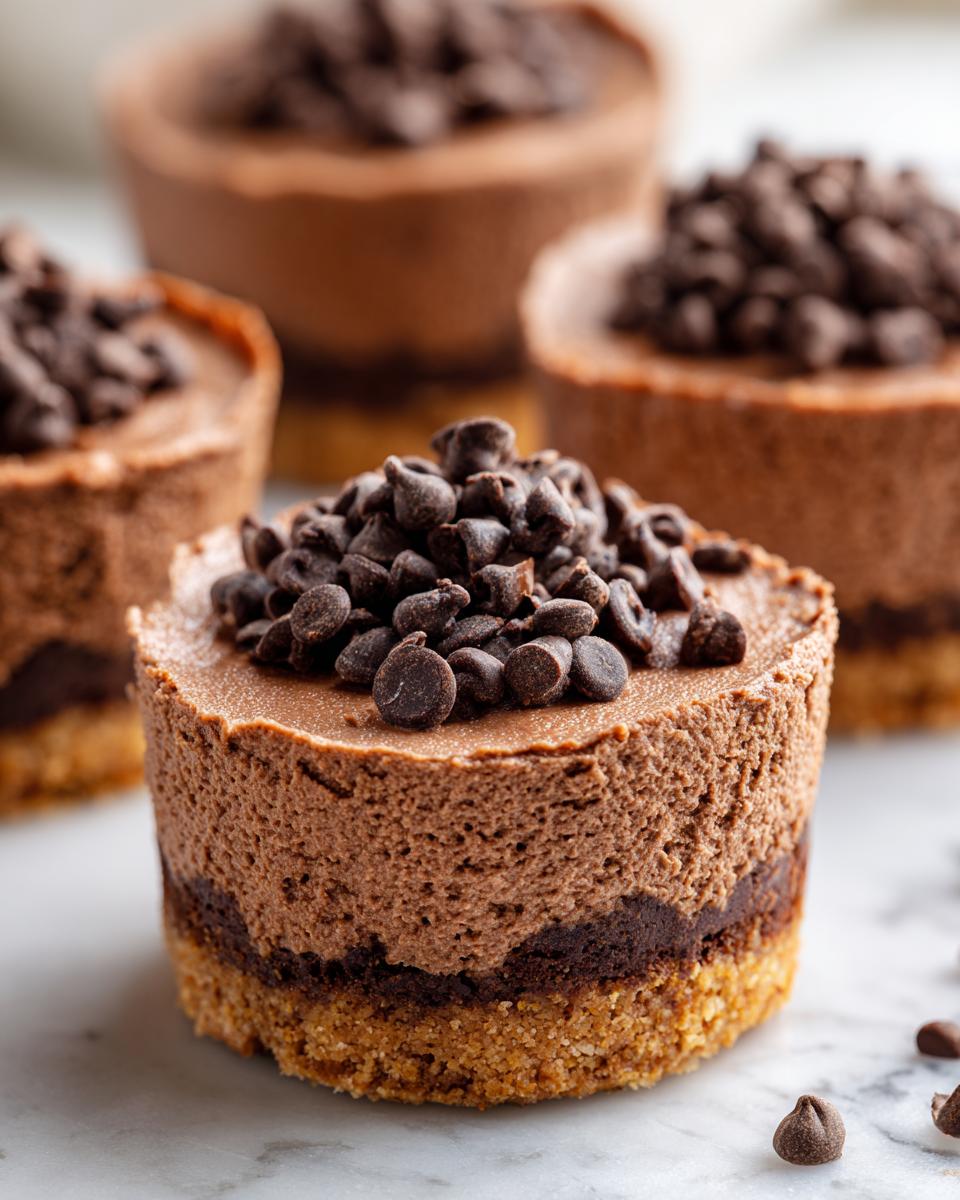 Close-up of a mini No Bake Chocolate Cheesecake topped generously with chocolate chips.