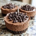 Close-up of a mini No Bake Chocolate Cheesecake topped generously with chocolate chips.