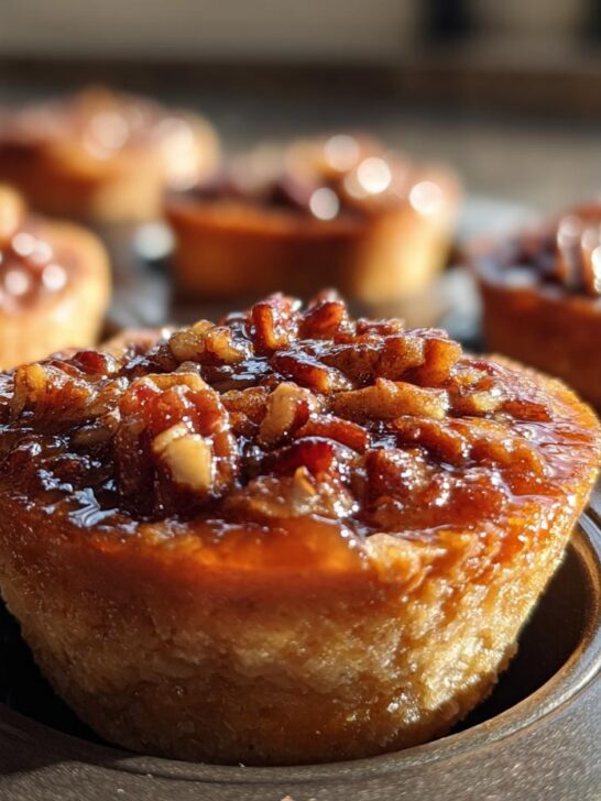Close-up of a delicious Mini Sweet Potato Pecan Pie topped with pecans and glaze, sitting in a muffin tin.