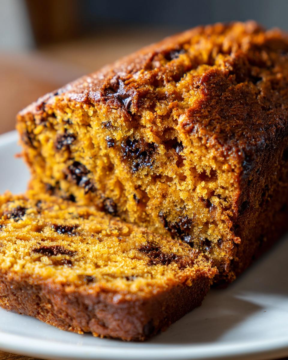 Close-up of a moist, sliced Pumpkin Chocolate Chip Cake loaf with visible chocolate chips throughout the crumb.