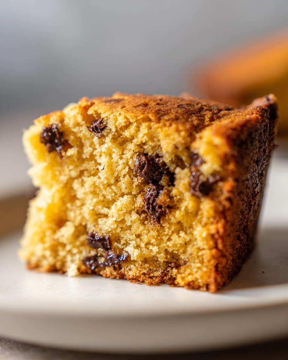 Close-up of a moist slice of Pumpkin Chocolate Chip Cake showing its fluffy texture and melted chocolate chips.
