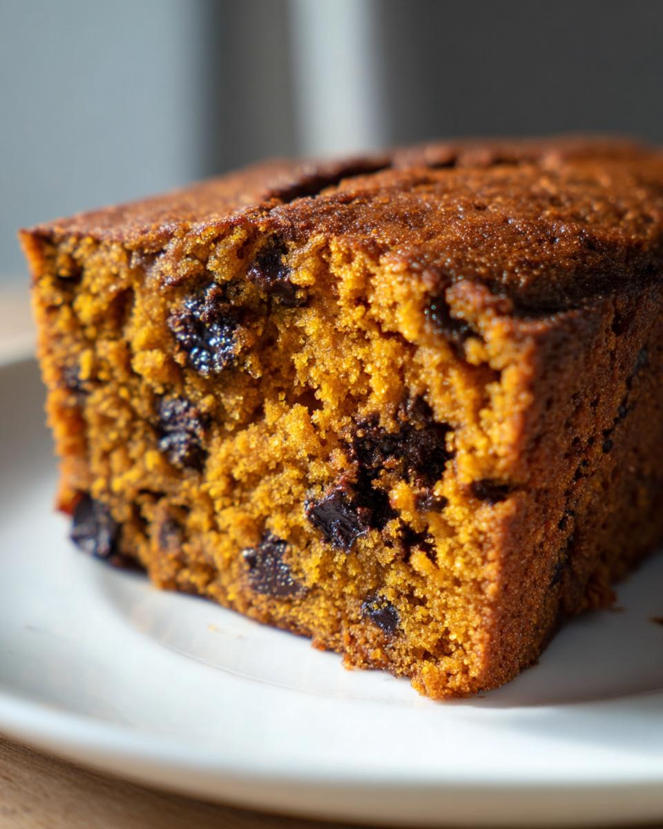 Close-up of a moist slice of Pumpkin Chocolate Chip Cake showing rich orange crumb and dark chocolate chips.