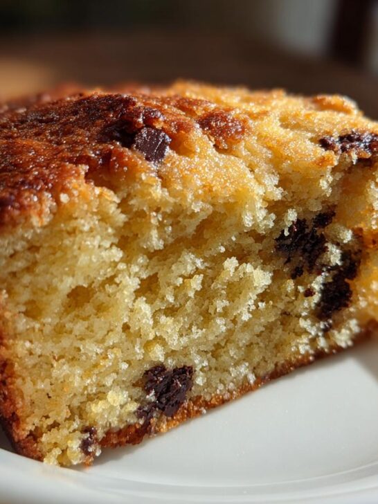 Close-up of a moist slice of Pumpkin Chocolate Chip Cake showing the crumb texture and dark chocolate chips.