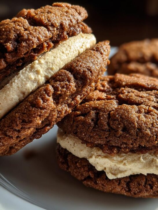 Two rich, dark brown Molasses Cream Pie Cookies sandwiched together with a thick layer of light tan cream filling.