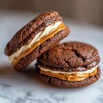 Two rich, dark chocolate Molasses Cream Pie Cookies filled with layers of white and peanut butter-colored cream.