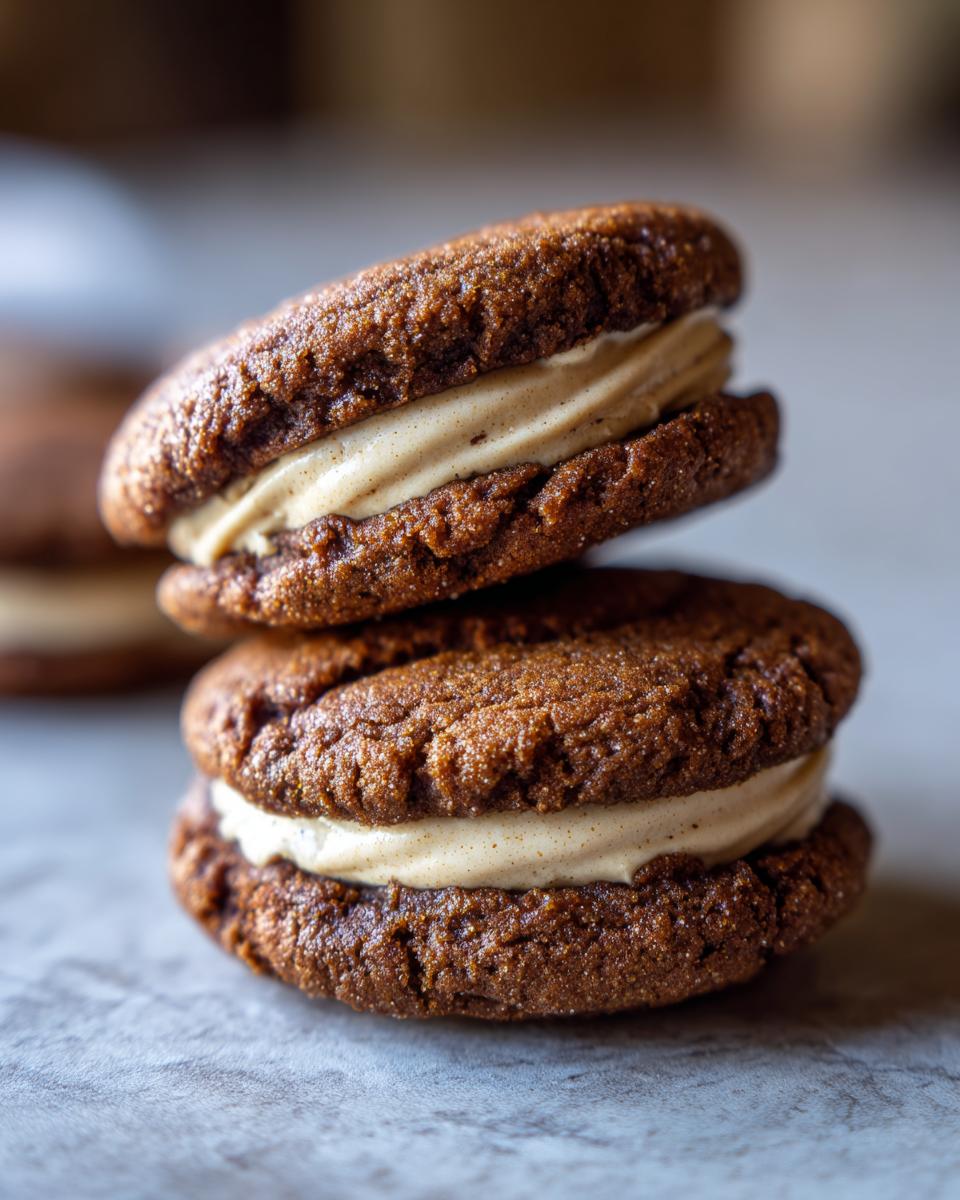 Two stacked Molasses Cream Pie Cookies with rich brown spiced cookies and thick, light brown cream filling.