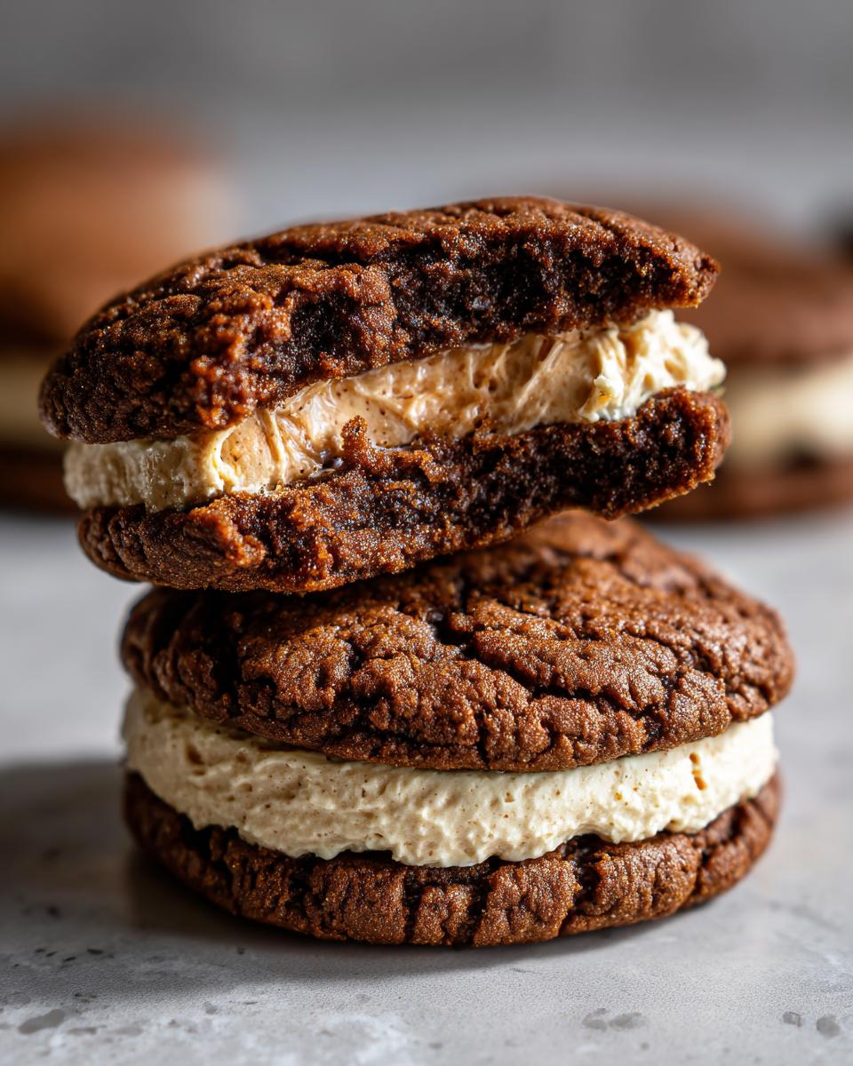 Two stacked Molasses Cream Pie Cookies with rich, dark chocolate cookies and thick, light-colored cream filling.