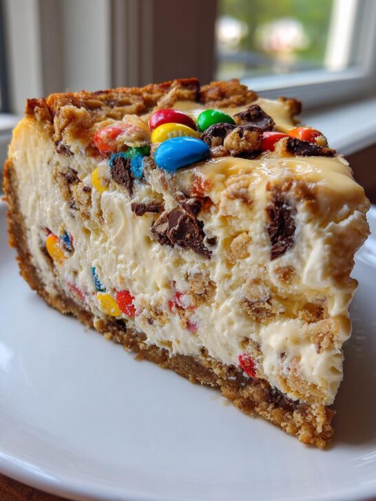 A generous slice of creamy Monster Cookie Cheesecake loaded with chocolate chunks and colorful M&Ms on a white plate.