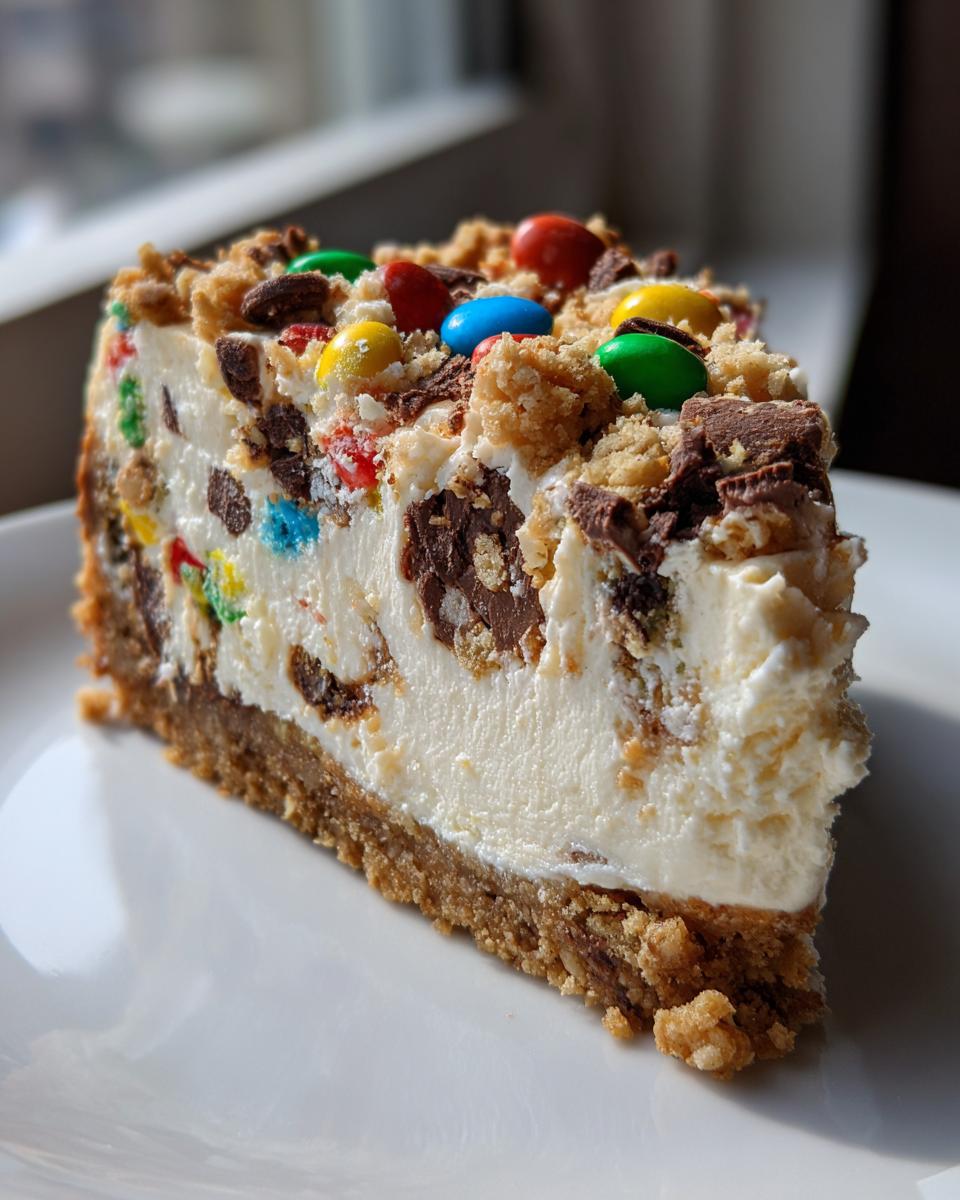 A thick slice of Monster Cookie Cheesecake featuring a graham cracker crust, creamy filling, and topped with M&Ms and cookie crumbles.