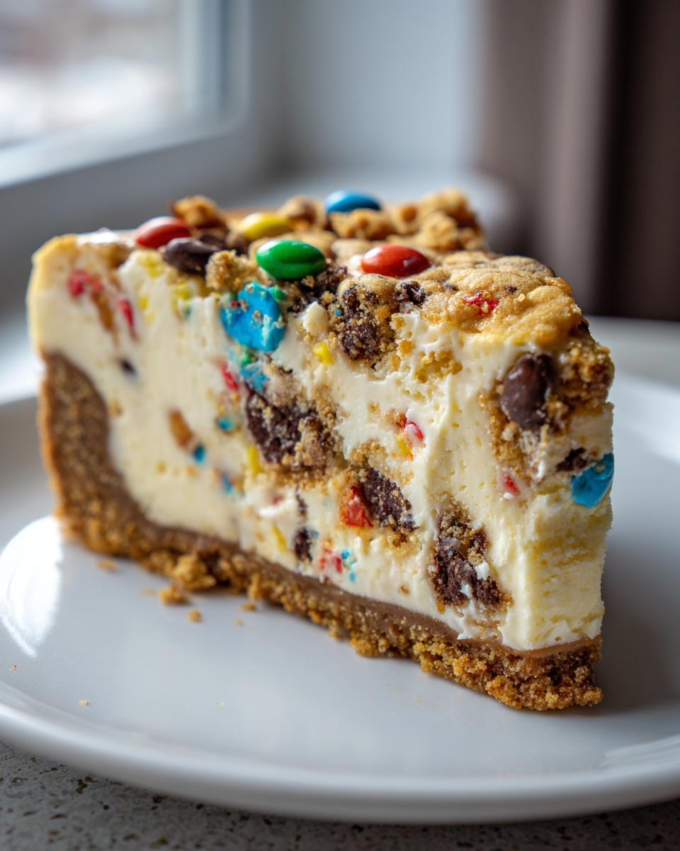 A thick slice of creamy Monster Cookie Cheesecake studded with chocolate chips and colorful candies on a white plate.