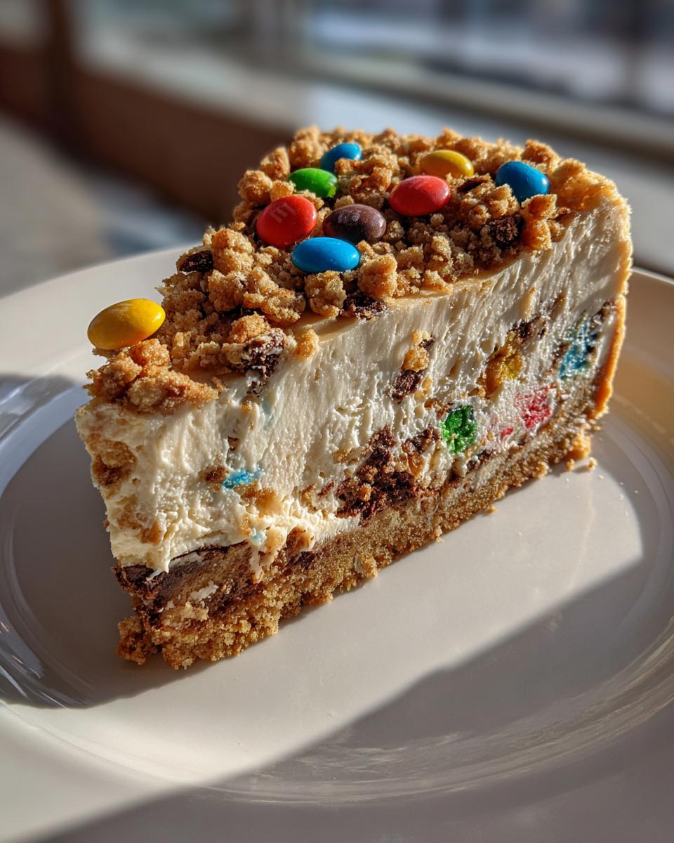 A tall slice of Monster Cookie Cheesecake featuring a thick cream layer, cookie chunks, and colorful M&Ms on top.