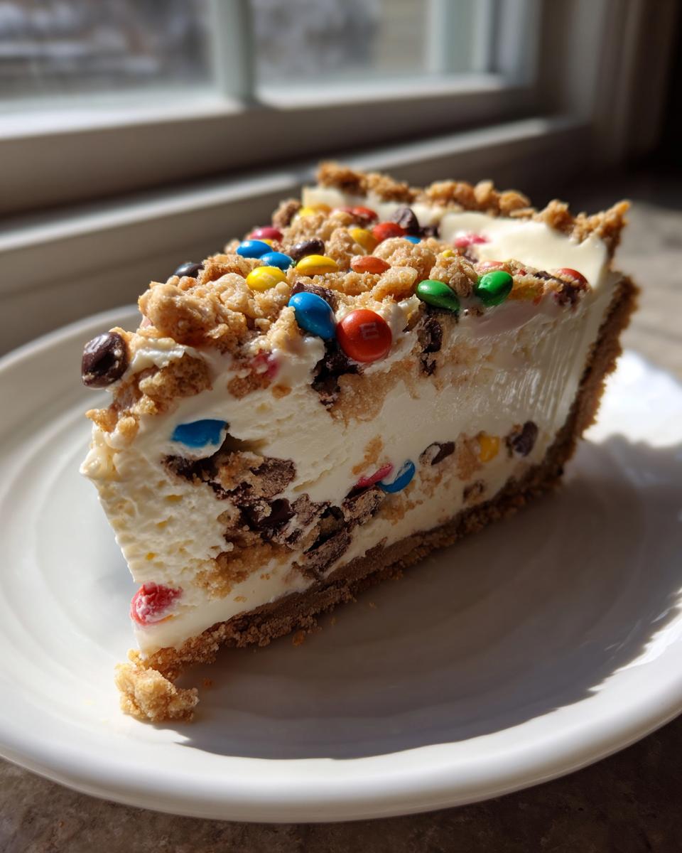 A tall slice of Monster Cookie Cheesecake featuring a graham cracker crust, creamy filling with chocolate chips, and topped with M&M's.
