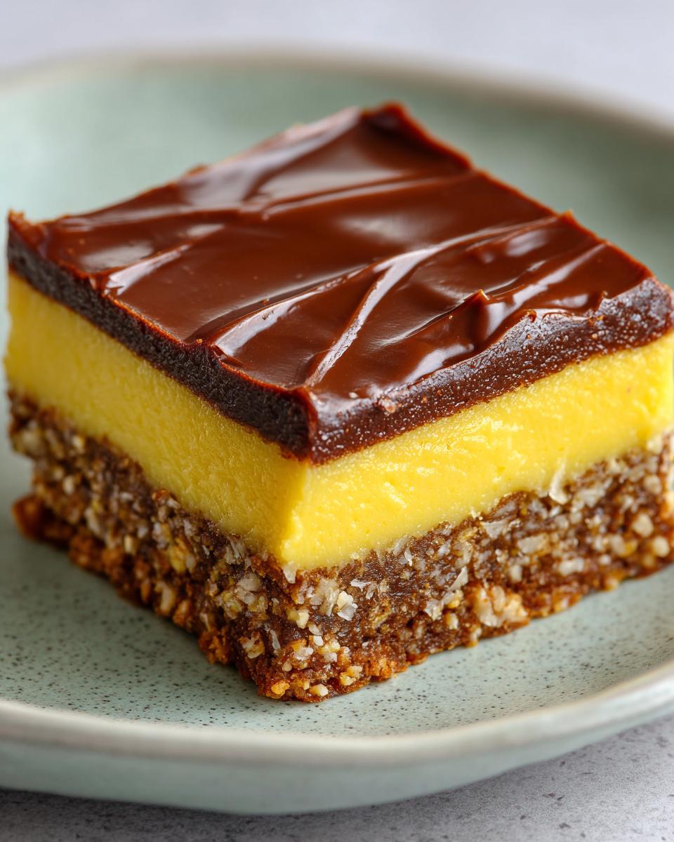 A single square of a rich Nanaimo Bars dessert showing the three distinct layers: chocolate topping, yellow custard filling, and crumbly coconut base.