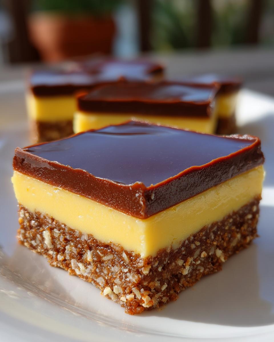 Close-up of a square Nanaimo Bars slice showing the crumbly base, yellow custard filling, and shiny chocolate topping.