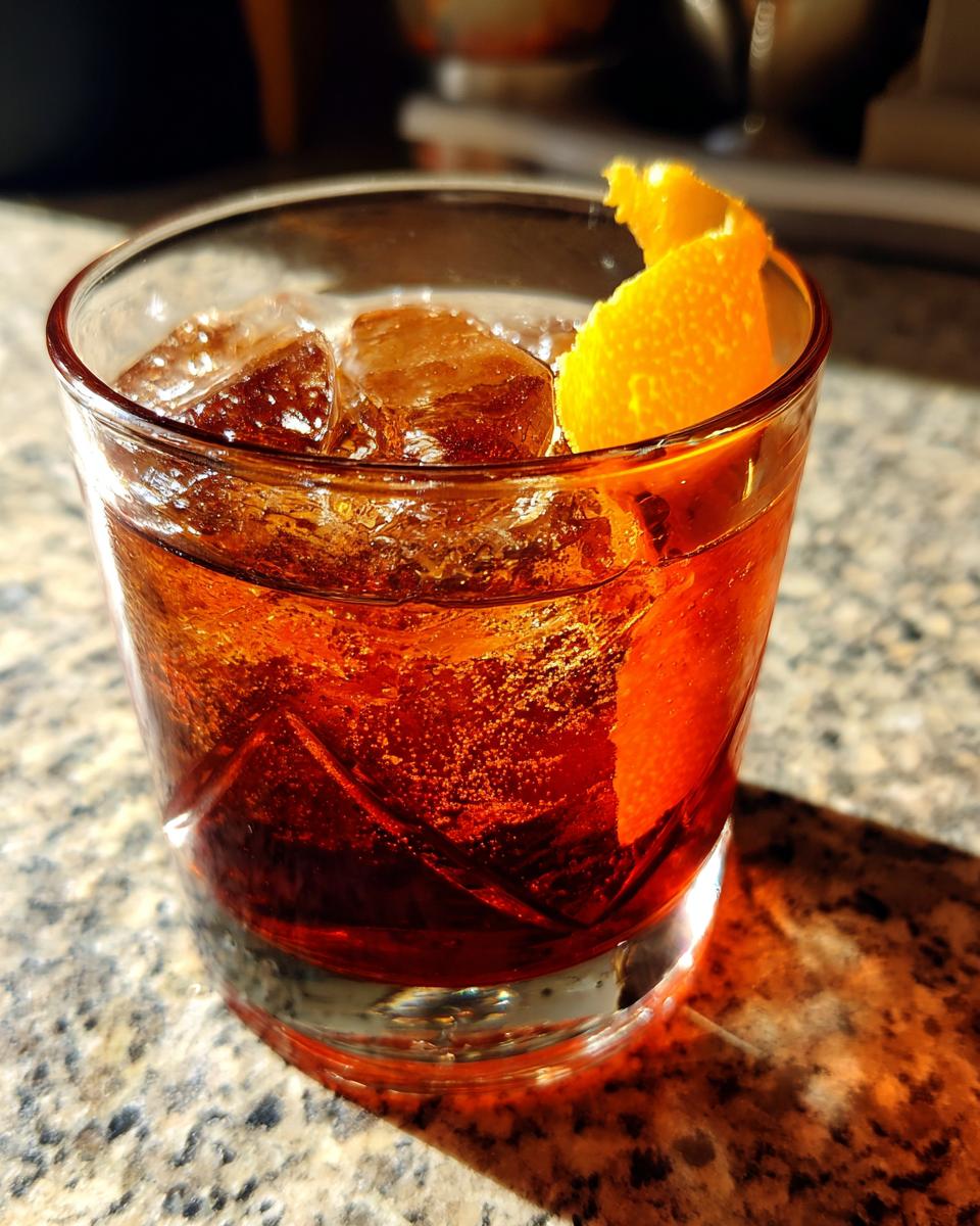 A close-up of a Negroni cocktail in a rocks glass, featuring ice, a deep red liquid, and an orange peel garnish.