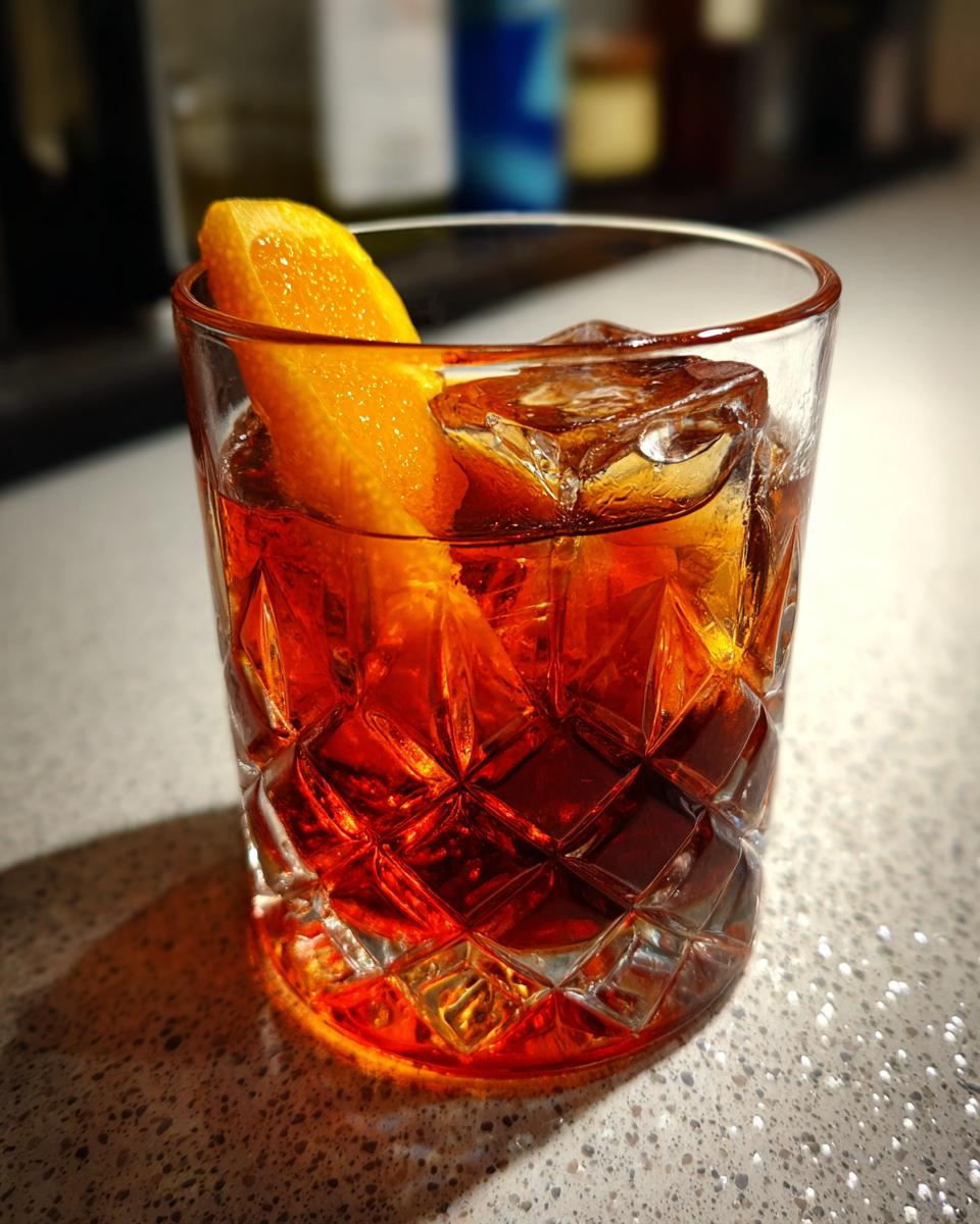 A classic Negroni cocktail in a faceted glass, garnished with an orange peel and served with ice. Perfect for Negronis.