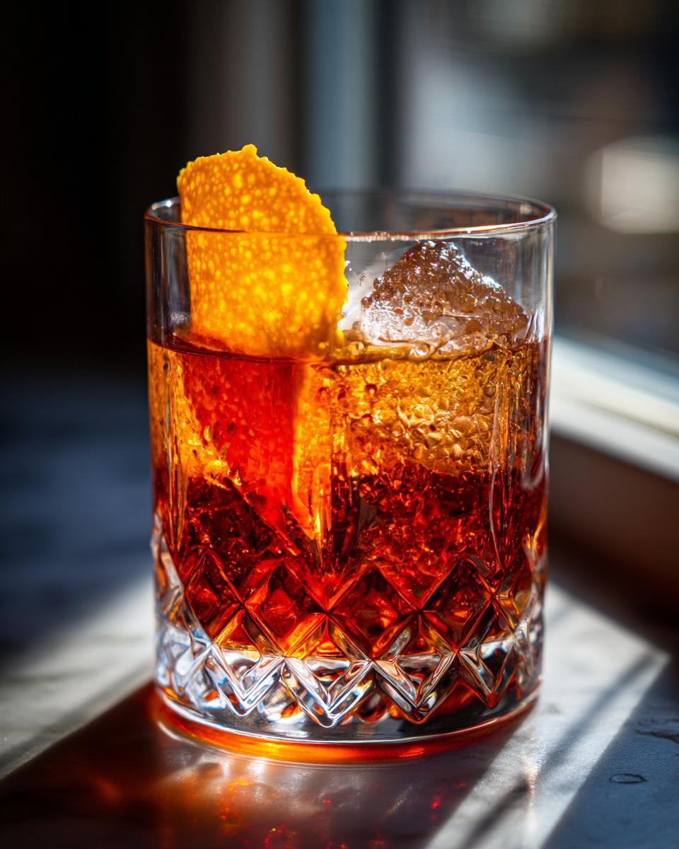 A close-up of a classic Negroni cocktail, featuring rich amber liquid, ice, and an orange peel garnish.